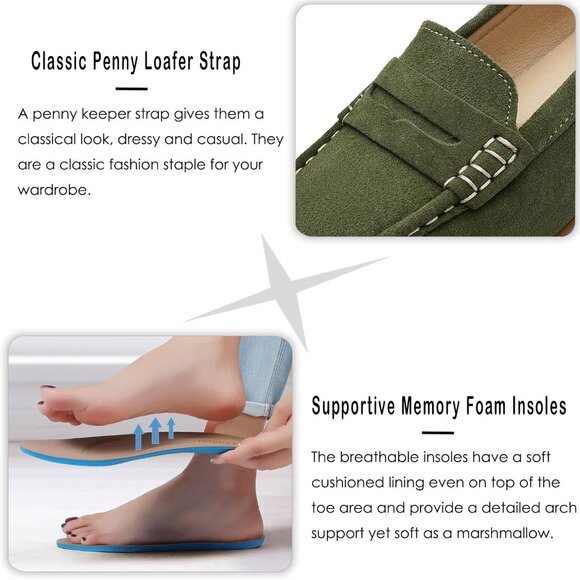 Kordal Women Army Green Suede Gold Accent Buckle Slip-Ons Walking Flats Loafers - Picture 4 of 9